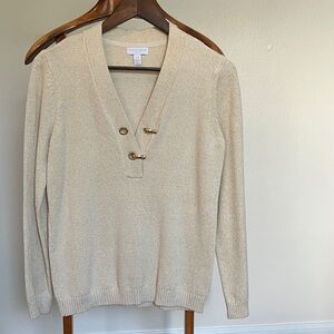 Charter Club Cream V-Neck Sweater with Gold Buttons